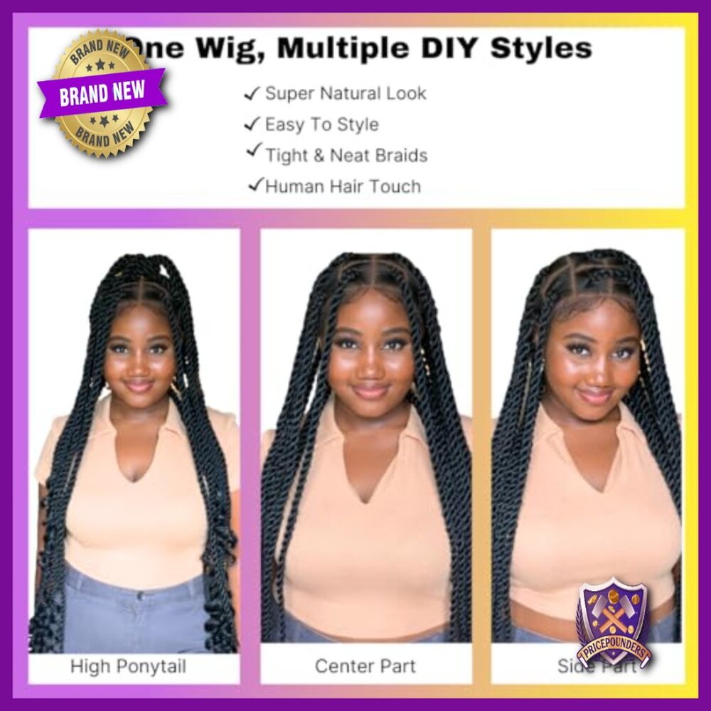 36" Full Lace Knotless Jumbo Twist Braided Wig, Synthetic, Pre-Plucked - Picture 4 of 6